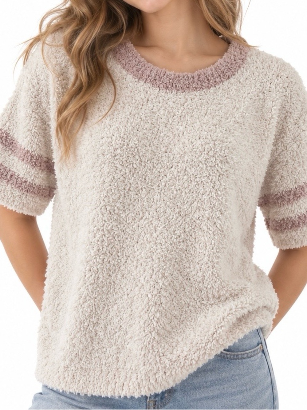 POL Cozy Fuzzy Short Sleeve Sweater Top Cream Mauve Striped Boho Large